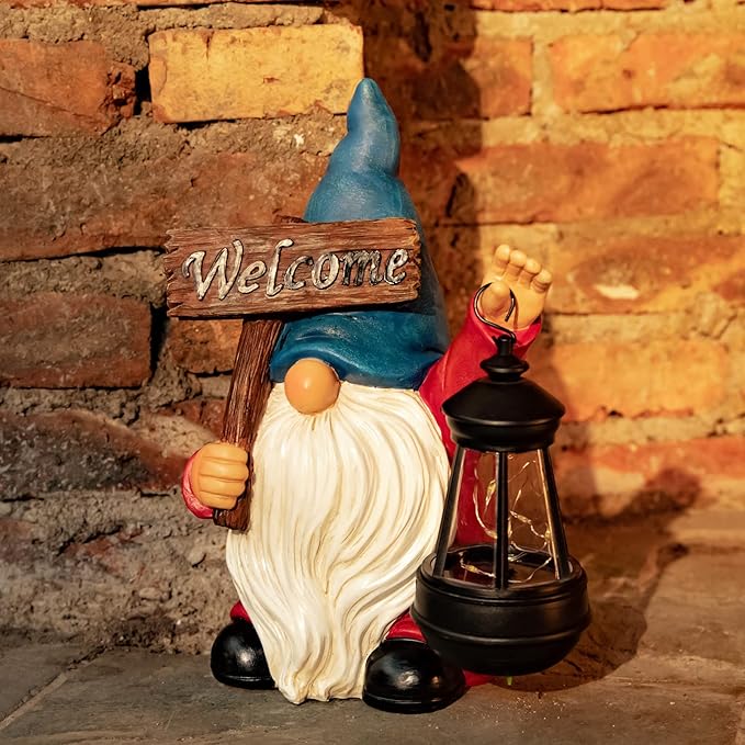 WONDHOME Garden Gnome Outdoor Decoration Solar Gnomes Statue with Lantern LED Lights,Terrace Courtyard Lawn Patio Porch Fall Decoration Halloween Christmas Housewarming Gift for Mom Women, Gnome Blue
