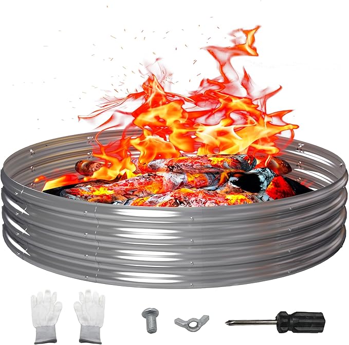 60 Inch Outdoor Fire Pit Ring, Round Galvanized Portable Fire Pit for Camping, Metal Steel Bonfire Fire Ring for Outside, Backyard
