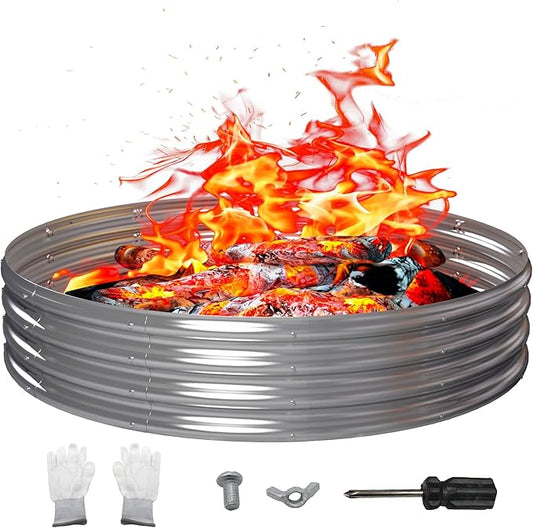 60 Inch Outdoor Fire Pit Ring, Round Galvanized Portable Fire Pit for Camping, Metal Steel Bonfire Fire Ring for Outside, Backyard