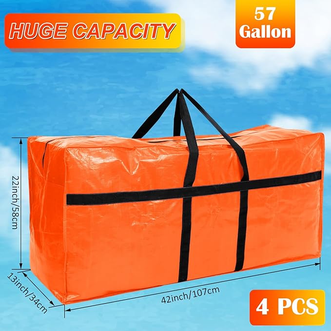 Windyun 4 Pack 57 Gallon Extra Large Storage Bags XXL Moving Bags with Zipper Handles Heavy Duty Jumbo Big Tote Box for Christmas Tree Storage 4, 5, 7.5, 9, 10, 12 ft Skeleton College Dorm(Orange)