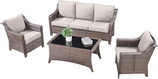 4 Piece Patio Furniture Set-Outdoor Rattan Wicker Sofa with Patio Chairs Outdoor Furniture for Porch Garden Backyard Poolside-Brown/Beige