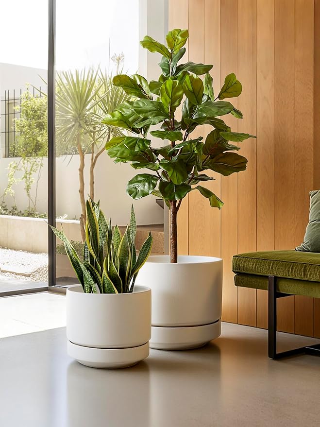 LE TAUCI 12 Inch Pots for Plants with Saucer | Ceramic Outdoor & Indoor Planter Pot for Plants | Drainage Hole, Mesh Pad & Plug | Unglazed Porous | Modern for Home, Office and Patio – Chalk White