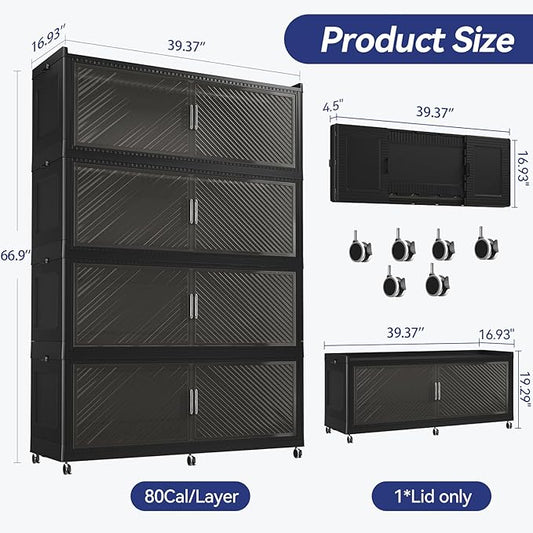 320 Gallon Extra Large Collapsible Storage Bin with Lid, 960QT Stackable Plastic Organizer with 6X Wheels, Foldable Drawer Cabinet for Closet, Living Room Office, Kitchen 4Pack, Black