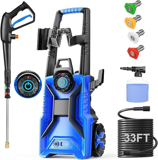 5000PSI Electric Pressure Washer 3.0GPM High Power Washer with 33ft Pressure Hose, 4 Nozzles and 500ml Foam Cannon for Cars/Fences/Driveways/Patios/Home Cleaning (Light Blue)