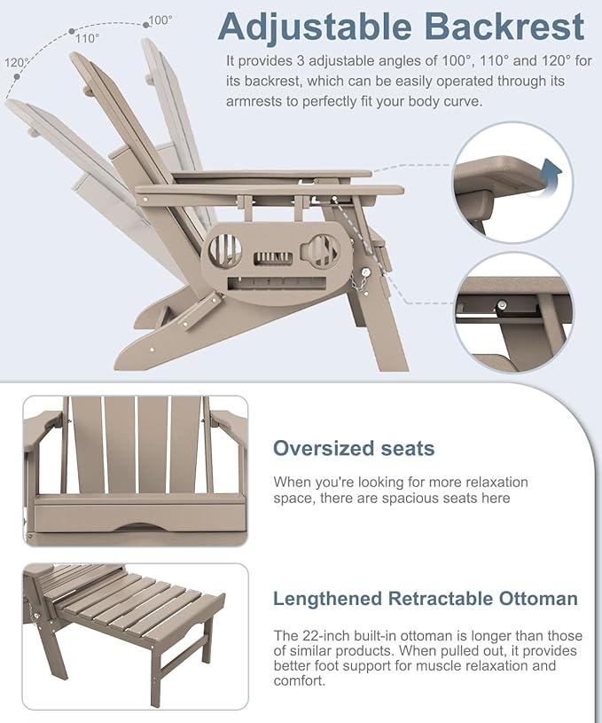 Adjustable Adirondack Chair with Retractable Ottoman Set of 4, HDPE Folding Adirondack Chair with Cup Holder, All Weather Fire Pit Chair for Outdoor.