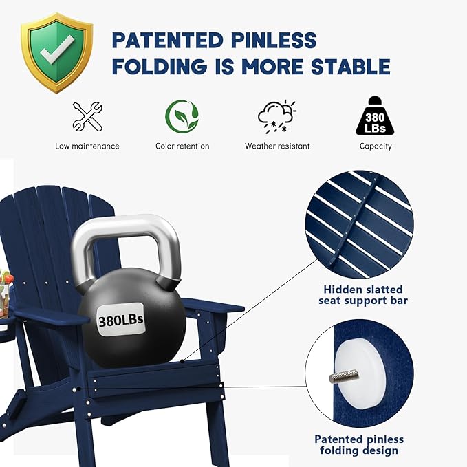 Plawdlik Folding Adirondack Chair, SGS Tested, Wooden Textured with Cup Holder, Heavy All-Weather HDPE Comfortable Set Poolside Backyard Lawn Navy Blue Set 2
