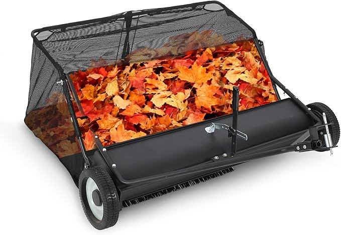 48" Lawn Sweeper Tow Behind, 26 Cu.Ft Capacity Pull Behind Yard Sweeper Large Leaf Collector, Leaf & Grass Catcher with Adjustable Brush Height & Dump from Seat Handle for Yard, Farm, Garden