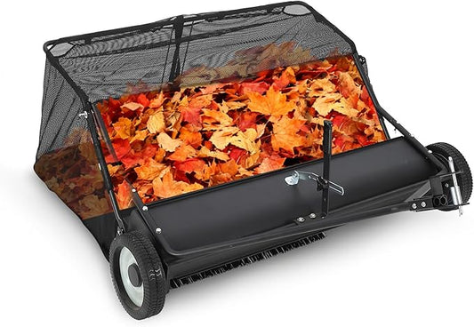 42" Lawn Sweeper Tow Behind, 21 Cu.Ft Capacity Pull Behind Yard Sweeper Large Leaf Collector, Leaf & Grass Catcher with Adjustable Brush Height & Dump from Seat Handle for Yard, Farm, Garden