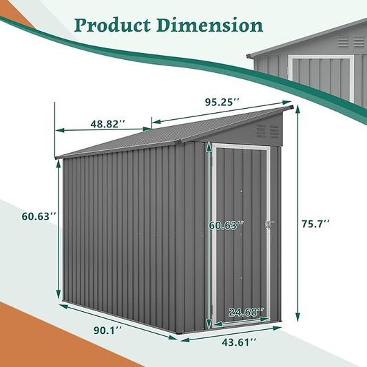 4×8 FT Lean to Metal Shed,Outdoor Heavy-Duty Storage Shed with Floor Base,All Weather Waterproof Garden Tool House W/Lockable Door&2 Air Vents,Reversible Door Design,for Backyard,Patio,Lawn,Gray