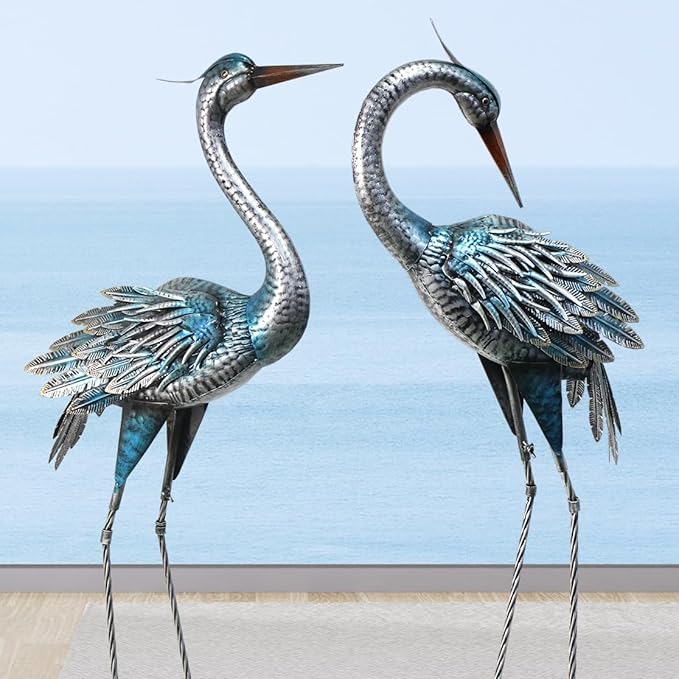 Oritty Outdoor Crane Garden Statues, Blue Heron Garden Statues, Large Metal Cranes for Yard, Lawn, Patio, Pond