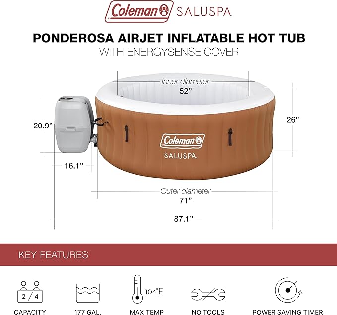 Coleman Ponderosa AirJet 2 to 4 Person Inflatable Hot Tub Round Portable Outdoor Spa with 120 AirJets and EnergySense Energy Saving Cover, Orange