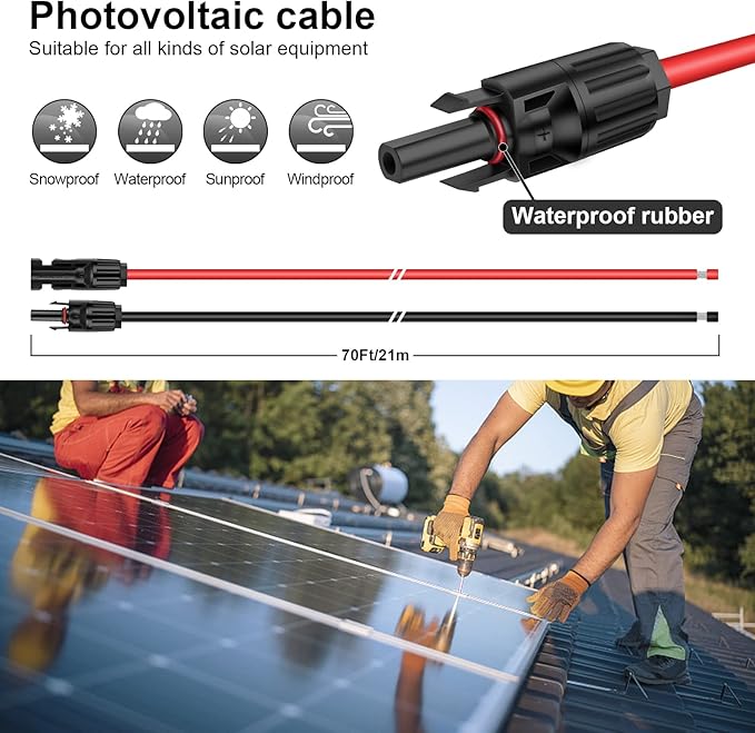 iGreely Solar Panel Extension Cable - 70 Feet 10AWG(6mm²) Solar Extension Cable with Female and Male Connector Solar Panel Wiring Wire Adapter (70FT Red + 70FT Black)
