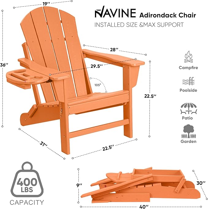 Adirondack Chair, HDPE Folding Adirondack Chair with Multifunctional Cup Holder, Weather Resistant Fire Pit Chair for porches, patios, patios, poolsides, Decks.