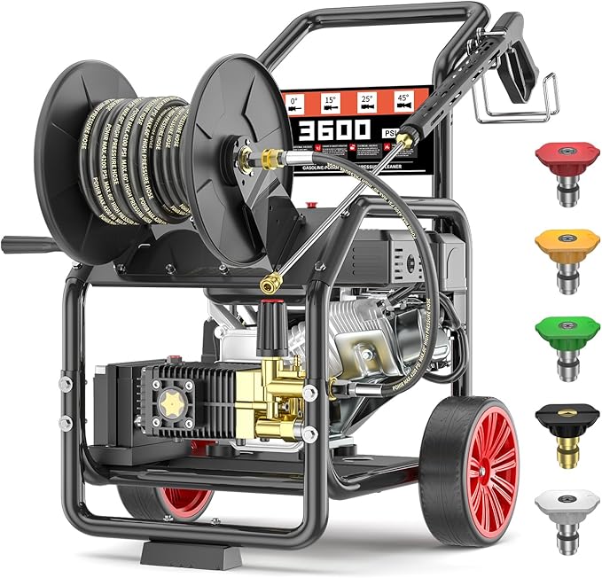 KARHDIR 3600PSI Gas Pressure Washer with Hose Reel, One-Button Start 212cc 7HP 4-Cycle Engine, 3.3 GPM Heavy Duty Power Washer with 50FT 3/8" Hose, Spray Gun & Wand, 5 Quick Connect Nozzles