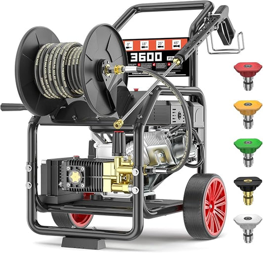 KARHDIR 3600PSI Gas Pressure Washer with Hose Reel, One-Button Start 212cc 7HP 4-Cycle Engine, 3.3 GPM Heavy Duty Power Washer with 50FT 3/8" Hose, Spray Gun & Wand, 5 Quick Connect Nozzles