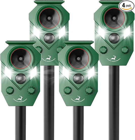 4 Pack of X-PEST Solar-Powered Ultrasonic Animal Repellent for Outdoor Yard, Waterproof Cat Deterrent with LED Flashing Lights and Motion Sensor,Effective to Repel Cats, Coyotes, Raccoons, and Deer
