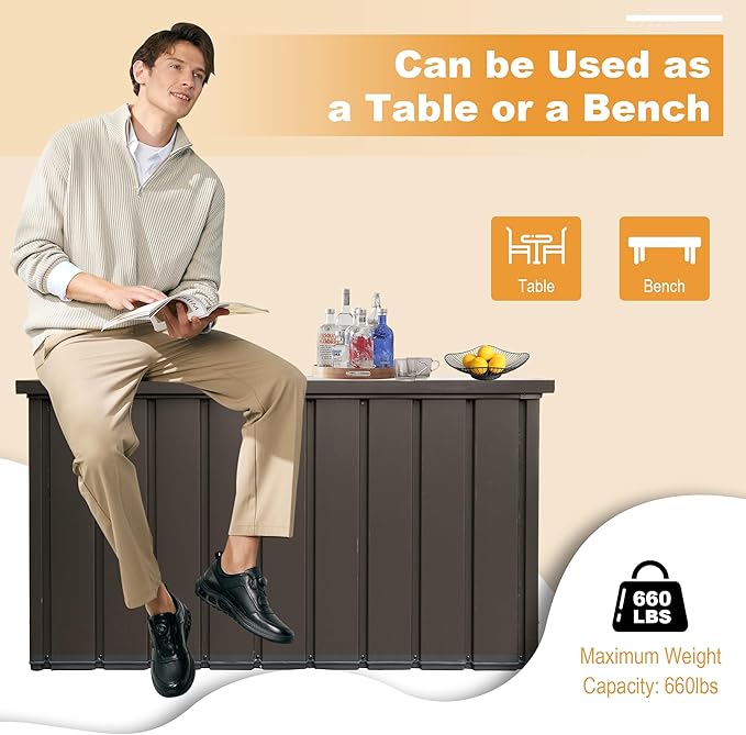 Domi 200 Gallon Deck Box, Outdoor Metal Lockable Storage Cabinet, Waterproof Steel Outdoor Bench with Lockable Lid, Side Handles & Rolling Casters for Outside Cushions, Pillows, Garden Tools, Brown