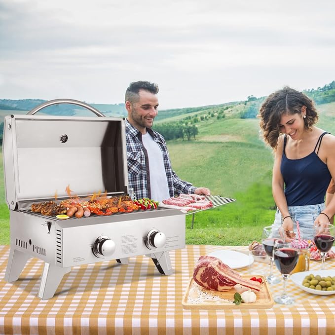 ROVSUN 20,000 BTU Portable Gas Grill, Large 2 Burner Tabletop Propane Grill with Foldable Legs, Regulator & Full Stainless Steel for Outdoor Picnic Camping Trip Tailgating Patio Garden BBQ Home Use