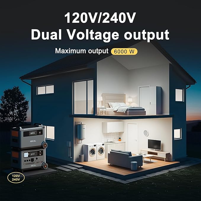 OSCAL PowerMax 6000 Solar Generator, 120/240V Split Phase Voltage 6000W AC Outlets (7200W Peak), 3600Wh LFP Battery Power Station, Expandable to 57.6kWh, 2200W/1.96H Fast Charging for Home
