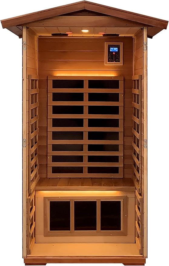 LTCCDSS Outdoor Red Cedar Sauna 1 Person, Low EMF Far Infrared Sauna for Home, Withstand Outdoor Temp -10℉-149℉| EMF Readings Below 0.5mG, 9 Low EMF Boards-Chromotherapy-Bluetooth Speaker