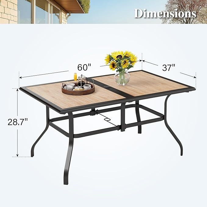 HERA'S HOUSE Patio Dining Table, 60"x38" Rectangle Outdoor Dining Table Top with Umbrella Hole and Metal Steel Frame for Lawn Garden Backyard