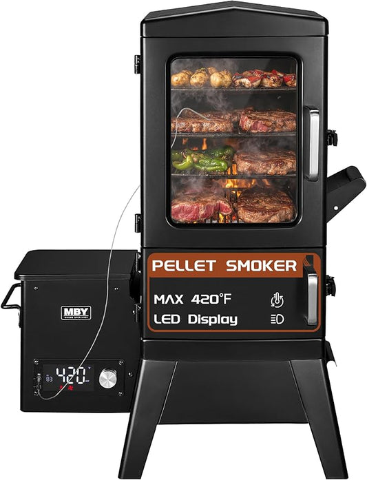Wood Pellet Smoker with Rainproof Soft Cover, Vertical Electric Pellet Smoker Grill With Hook Meat Probe 616 Sq in Cooking Area LED Display Temperature Control, Pellet Blac