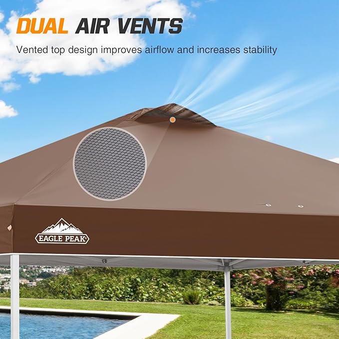 EAGLE PEAK Pop Up Canopy Tent with Wheeled Carry Bag, 8 Stakes, 4 Ropes, 4 Weight Bags, Easy Set Up Tent Canopy, 10x10 ft, 100sqft of Shade, Dark Brown