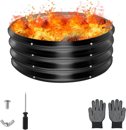 24 Inch Round Galvanized Fire Pit Ring, Round Galvanized Fire Ring, 2 Feet Diameter Round fire Pit, Outdoor fire Pit for Backyard, Camping, Bonfire, Black