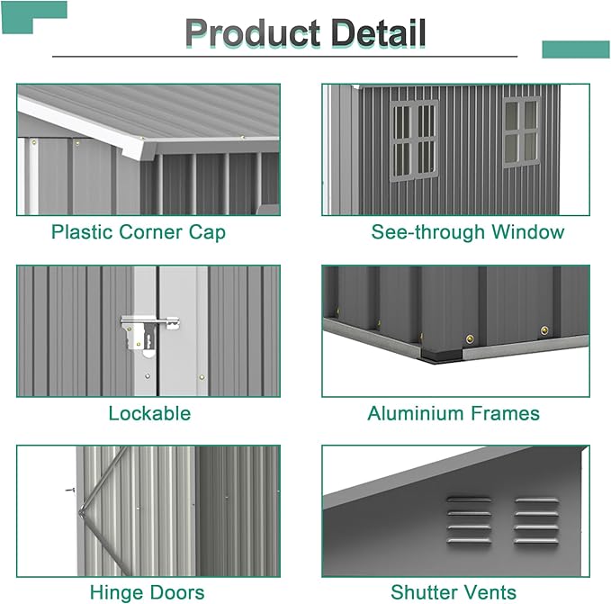 4x10 FT Outdoor Storage Shed, Metal Shed, Lockable Door, Sloping Roof, All-Weather Lean to Resin Shed for Garden, Backyard, Patio, Lawn (Gray)
