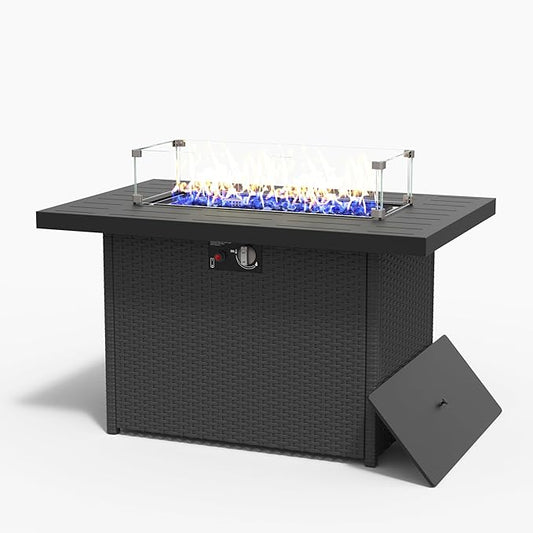 Rectangular Fire Pit Table, 44 inch Propane Gas Fire Pit with Glass Rocks, Wind Guard Glass Shield, Waterproof Cover for Outside Patio Backyard Deck Balcony