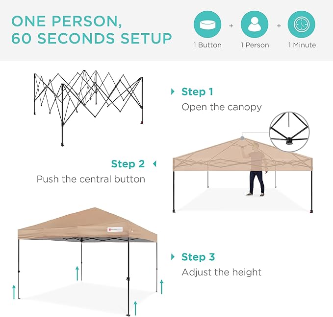 Best Choice Products 8x8ft 1-Person Setup Pop Up Canopy Tent Instant Portable Shelter w/ 1-Button Push, Case, 4 Weight Bags - Tan