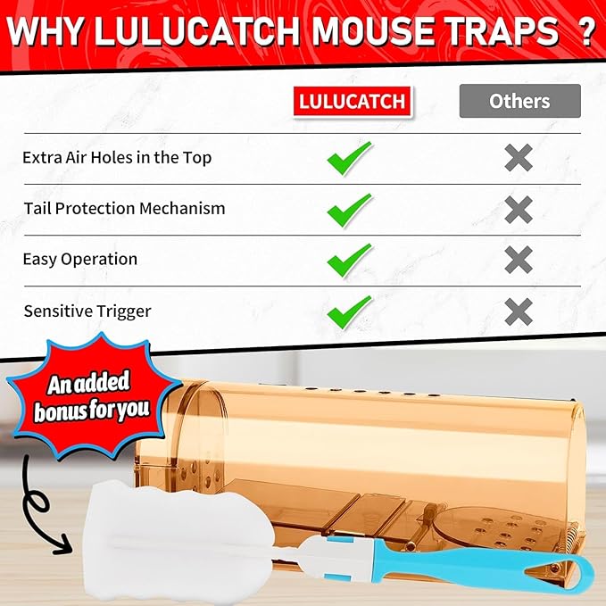 LULUCATCH Humane Mouse Traps 6 Pack, Live Mouse Traps, Catch Release Mouse Traps Indoor for Home, Reusable with Cleaning Brush, No Kill Mole Squirrel Rat Traps for House & Outdoors, Pet Safe