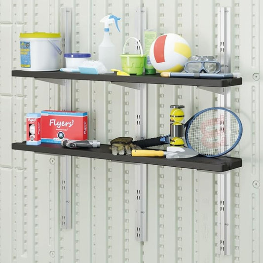 Suncast Vertical Shed 2 Shelf Kit, Space Saving Shelving for Wall Mount Outdoor Storage Structures, 50" W x 11.25" D x 46.75" H, Black