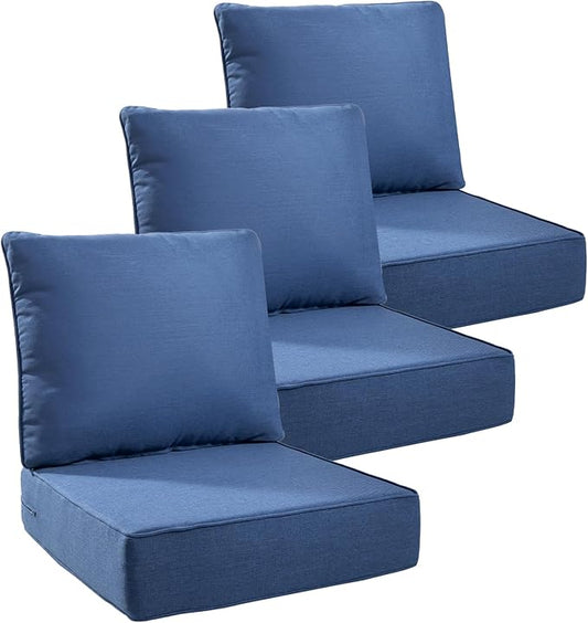 6" Thick Outdoor Cushions 24x24x6, 3-Set Deep Seat Patio Cushions with Removable Cover, Waterproof & Fade Resistant Replacement for Wicker Chair, Loveseat, Sofa - Blue