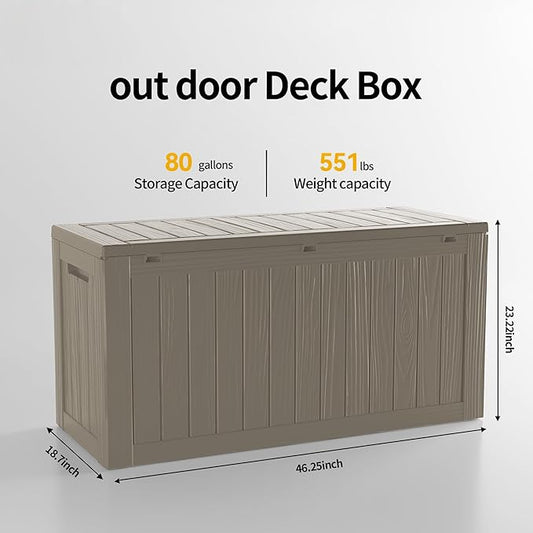 80 Gallon Waterproof Large Resin Deck Box Indoor/Outdoor Lockable Storage Container and Seating for Garden, Pool, and Patio (80 Gallon, Grey)