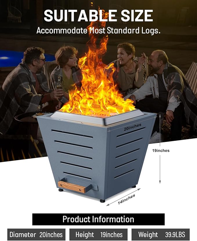 20 Inch Smokeless Fire Pit Stainless Steel Wood Burning Fireplace Portable Outdoor Fire Pit Patio Smokeless Firepit with Pull-Out Ash Tray and Handles, Haze Blue