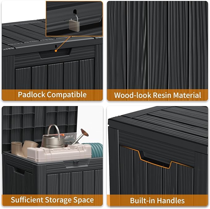 29 Gallon Deck Box Large Outdoor Storage for Patio Furniture,Outdoor Cushions,Garden Tools and Pool Supplies,Waterproof,Resin,Lockable(Black)