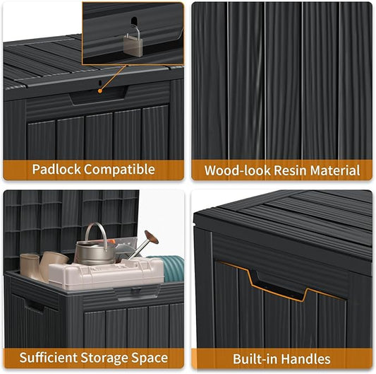 28 Gallon Deck Box Large Outdoor Storage for Patio Furniture,Outdoor Cushions,Garden Tools and Pool Supplies,Waterproof,Resin,Lockable(Black)