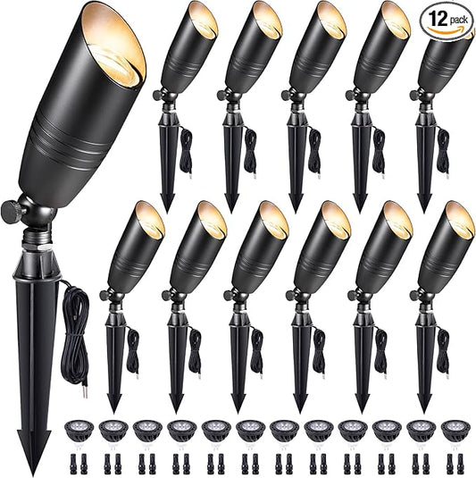 Gardenreet Die-Cast Brass Spot Light Outdoor - 12V LED Uplighting Waterproof, Low Voltage Landscape Lights Direct Wire, Black for Fence Fountain with Warm White MR16 Replaceable Bulbs (12 Pack)