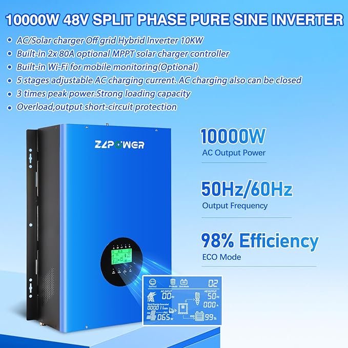 CAMINI 10000W 48V Hybrid Solar Inverter, 30000W Peak, 120/240V Split Phase Pure Sine Wave, UL1741 Certified, Built-in 2 MPPT Solar Charger, Low Frequency Off-Grid Inverter for Home & Business