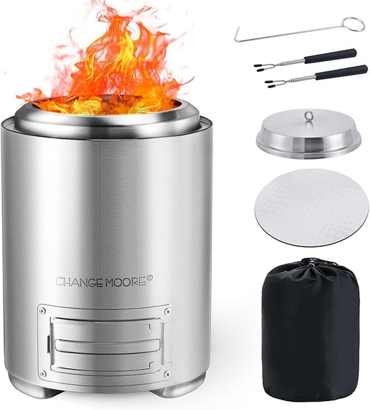 CHANGE MOORE Stainless Steel Tabletop Fire Pit 8.8×7 in with Valve, Smokeless Secondary Burning Table Top Firepit, Fueled by Pellets or Wood, with Carry Bag, Mini Sticks, Fireproof Mat