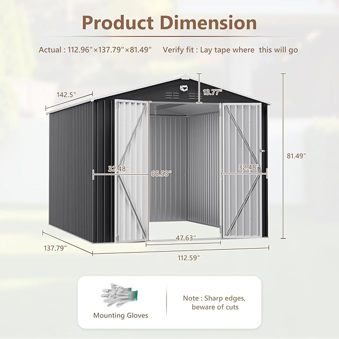 Outdoor Storage Shed 10x12 FT, Metal Garden Shed - Tool Storage Sheds with Lockable Doors, Waterproof Outside Storage Building for Backyard, Patio (Black; Floor Not Included)