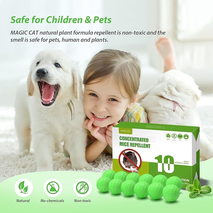 MAGIC CAT Rodent Repellent Peppermint Oil to Repel Mice & Rats, 10 Pack Natural Rat Deterrent for Indoor Home Pet Family Safe, Mouse Stopper for Car Engine RV Truck Garage Closet Boat Rodent Control