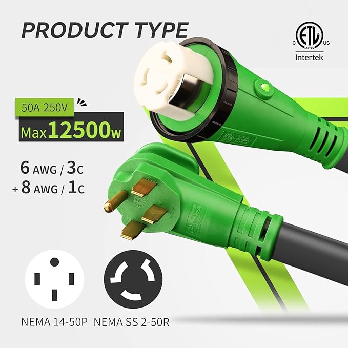 RVMATE 50 Amp 75 Feet RV/Generator Lockable Power Extension Cord, Easy Plug in Handle, 14-50P to SS 2-50R with LED Indicator, ETL Listed
