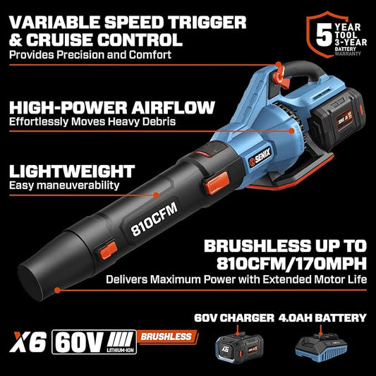 60V Cordless Leaf Blower, 810 CFM & 170 MPH for Powerful Yard Cleaning, Includes 4.0Ah Battery & Charger, Features Brushless Motor, Variable Speed and Cruise Control, Ideal for Lawns and Leaf Blowing