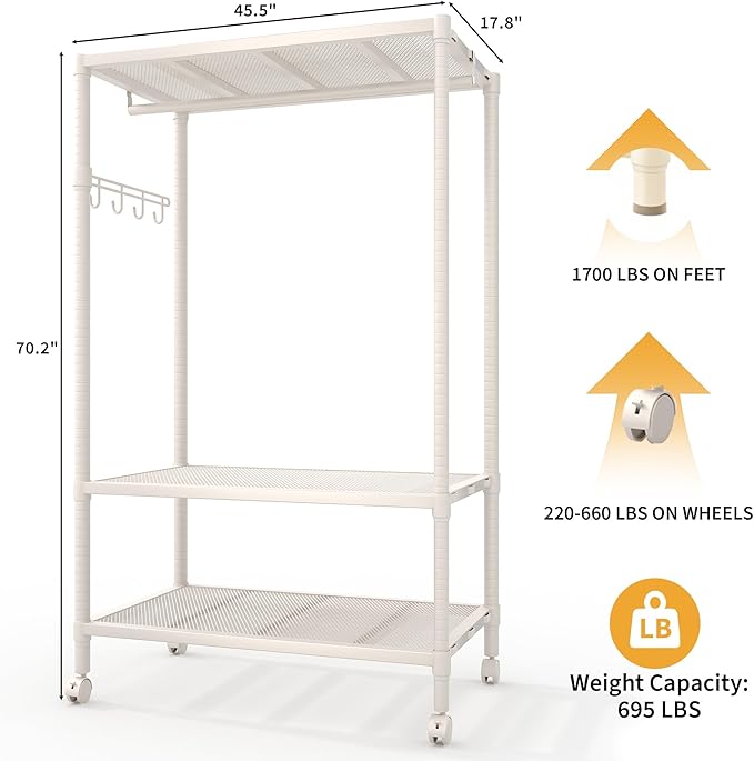 Heavy Duty Rolling Clothes Rack, 3-Tier Adjustable Garment Racks with Rods and Side Hooks, Freestanding Storage Closet Clothing Rack with Wheels for Bedroom Laundry Room Organization, White