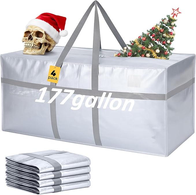 Windyun 4 Pack 177 Gallon Extra Large Storage Bags XXL Moving Bags with Zipper Handles Heavy Duty Jumbo Big Tote Box for Christmas Tree Storage 4, 5, 7.5, 9, 10, 12 ft Skeleton College Dorm(Silver)
