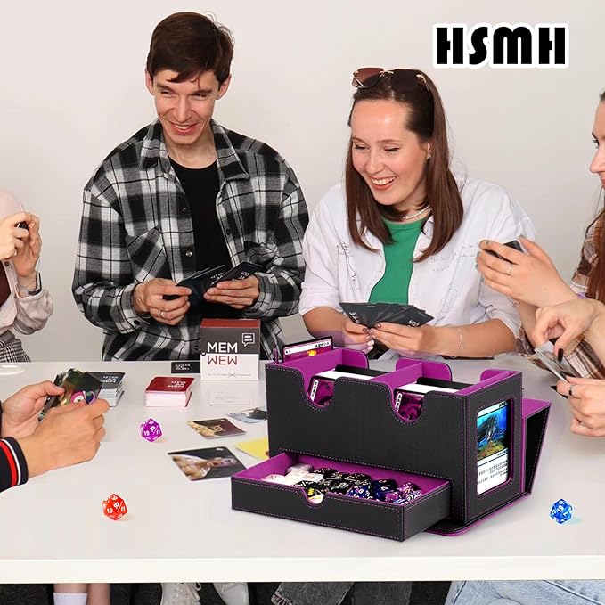 MTG Deck Box with 2 Commander Display,Commder Deck Box Fits 310+ Cards，with Dice Tray,Leather Magnetic,Fits for TCG CCG Magic Cards (Black Purple)