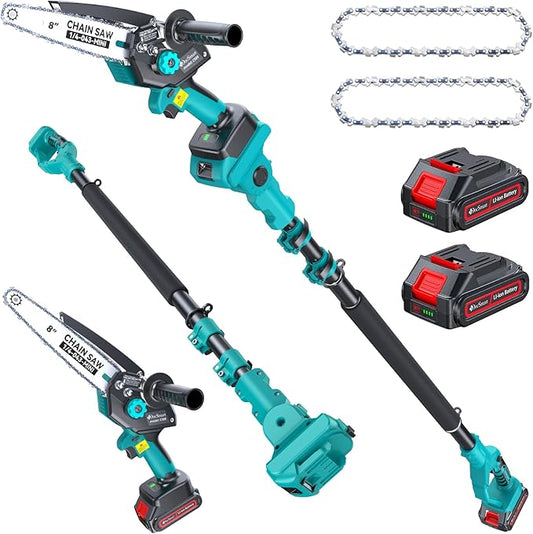 8" Electric Pole Saw for Tree Trimming,Brushless Mini Chainsaw Cordless with Extension Pole 2 Batteries, 2-in-1 Hand held & Pole Pruner for Cutting Tree Limbs Branches