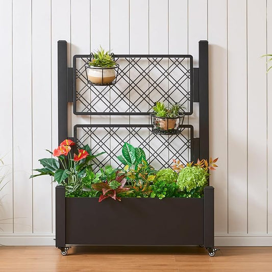 Metal Planter Box with Trellis and Wheels, 50" Hx38 Wx14 D Large Outdoor Garden Planter for Climbing Plants, Vegetables & Vines, Includes Drainage Holes and Privacy Screen, Black